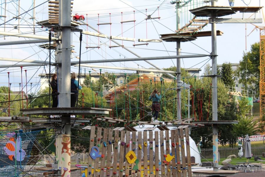 A high ropes course with various heights and three people moving along it. A high ropes course with various heights and three people moving along it.